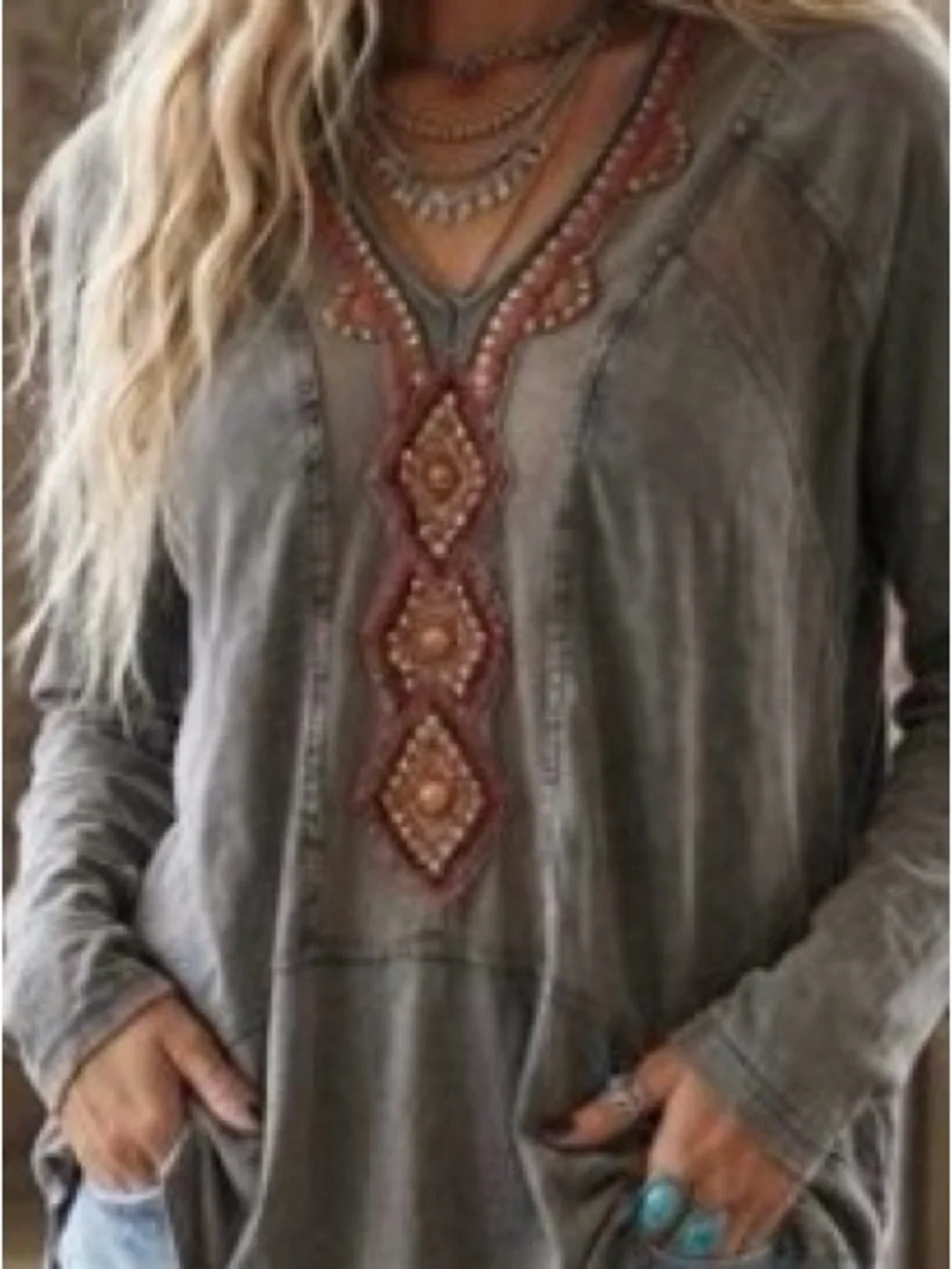 Free people Embroidered V-Neck Long Sleeve Women's Top - Gray - Picture 2 of 4